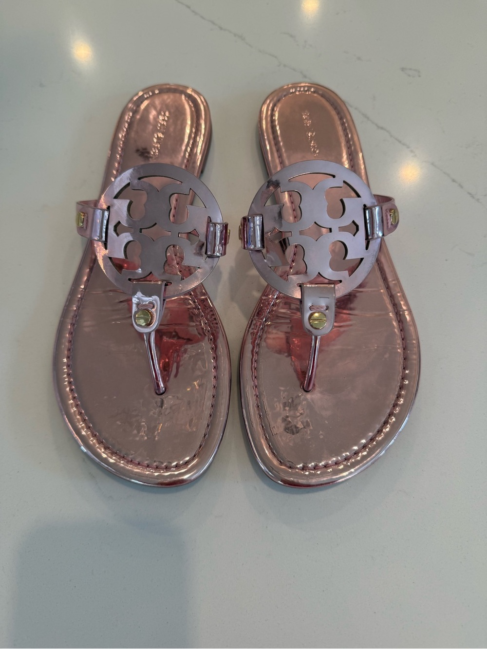 Tory Burch Metallic Rose Gold Logo Thong Sandals